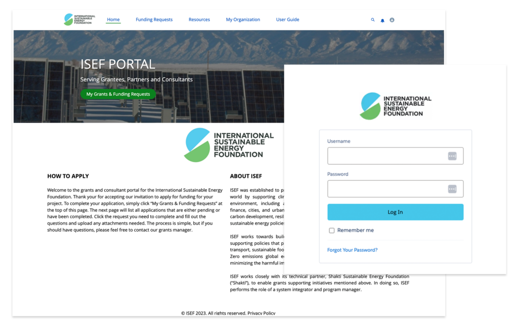 ISEF portal landing page and login screen