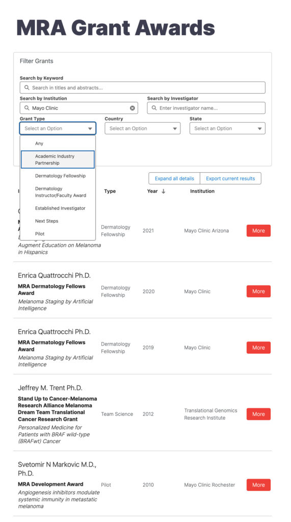 MRA Grants Filtering